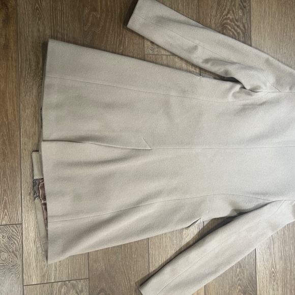 Badgley Mischa Wool Dress Coat Mixed Media Lace Leather Accents Sz S Taupe/Black - Picture 13 of 16